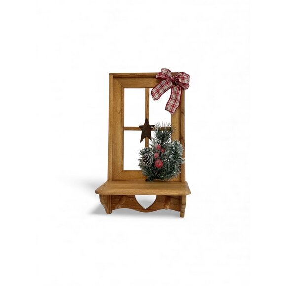 Wooden Wall-Mounted Rustic Window Shelf Décor With Star Bow & Christmas Greenery - Picture 2 of 8